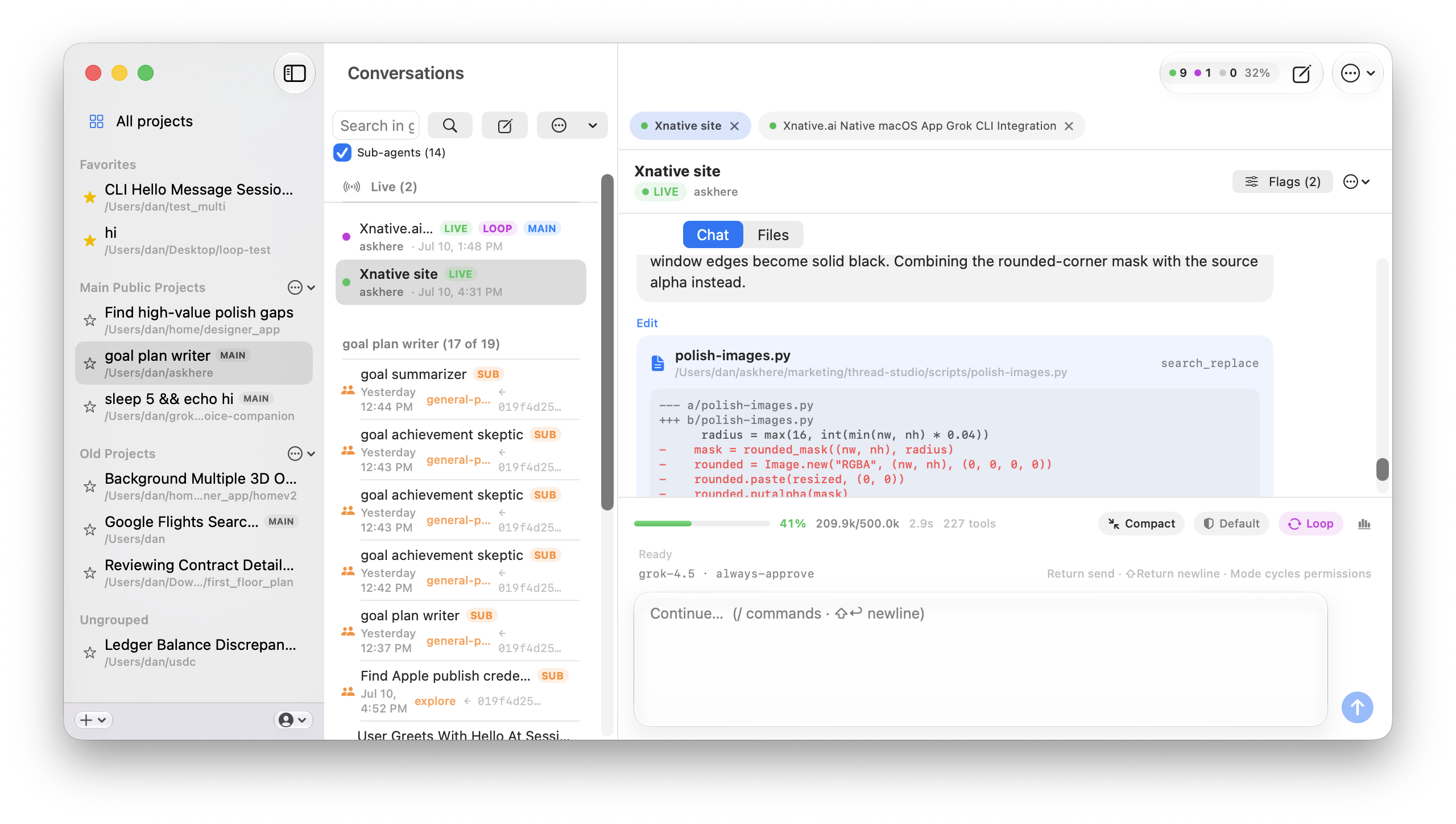 Xnative app showing projects, conversations, and chat