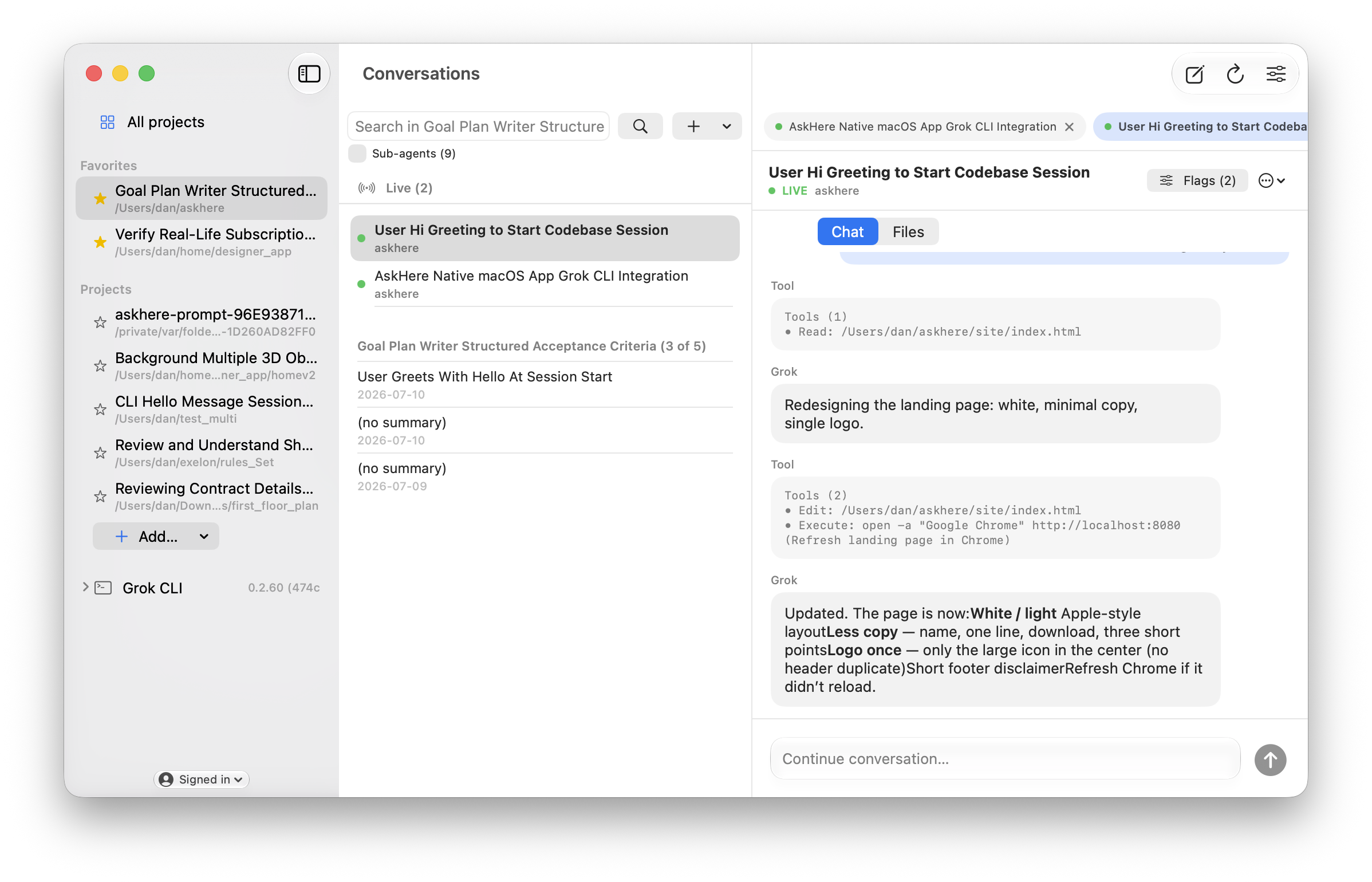 AskHere.ai app showing projects, conversations, and chat